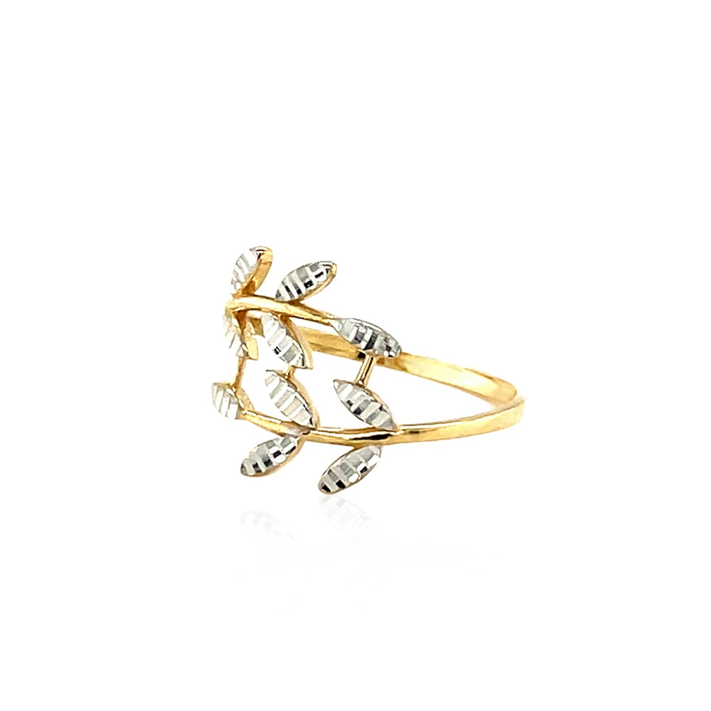 14k Two Tone Gold Crossover Ring with Leaves